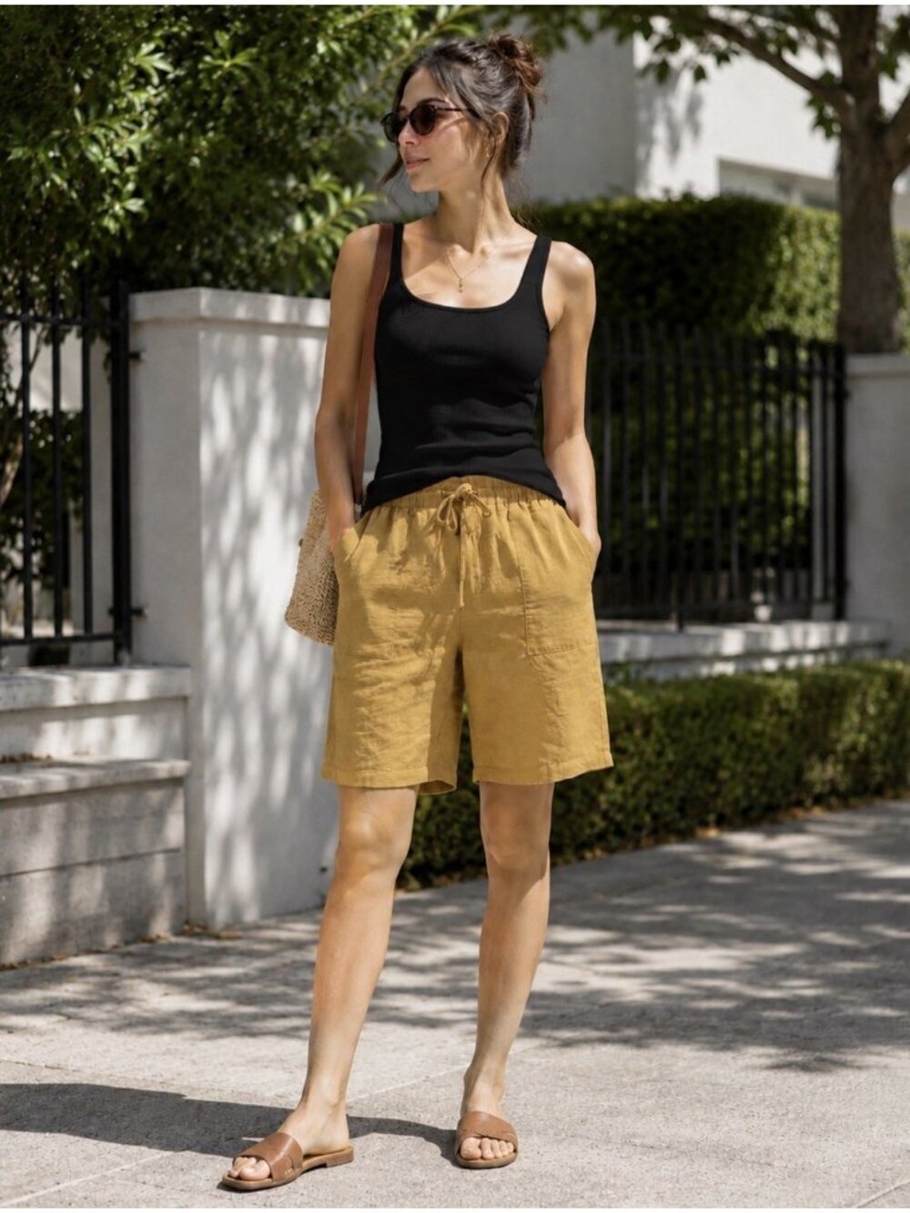 Dr Flax European 100% Linen Bermuda Shorts Womens S/M Mustard Gold Pockets NEW